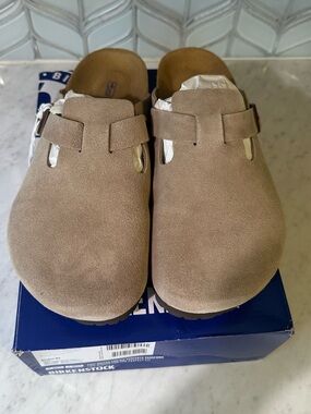 Birkenstock Boston soft footbed clogs. Taupe suede size 43 mens 10 womens 12